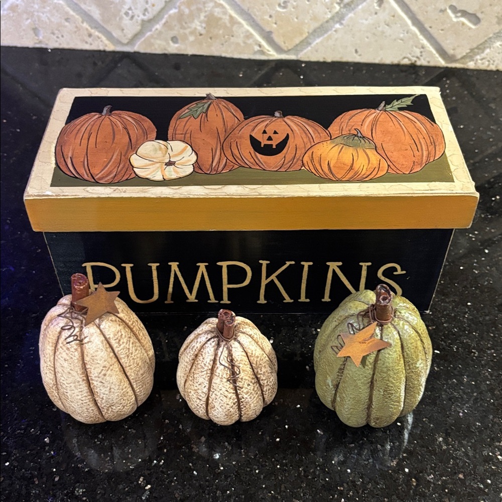 Resin Harvest Pumpkins with Wooden Americana Box by Primitives by Kathy.